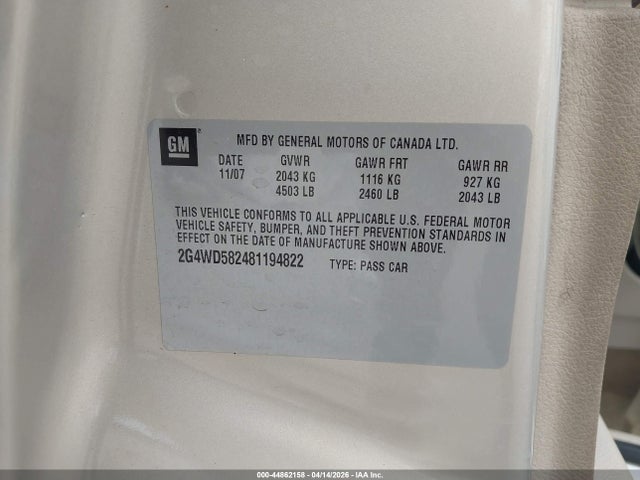 44862158 :رقم المزاد ، 2G4WD582481194822 vin ، 2008 Buick Lacrosse Cxl مزاد بيع
