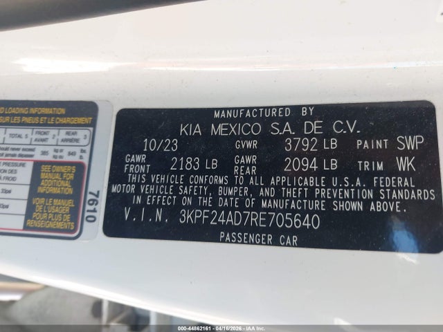 Aukcja sprzedaży 2024 Kia Forte Lxs, vin: 3KPF24AD7RE705640, numer aukcji: 44862161
