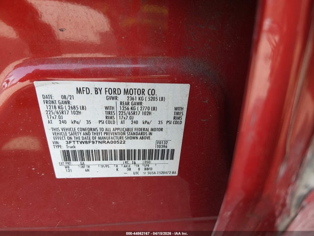 44862167 :رقم المزاد ، 3FTTW8F97NRA00522 vin ، 2022 Ford Maverick Lariat مزاد بيع