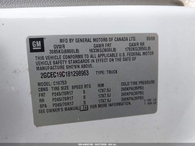 Продажа на аукционе авто 2008 Chevrolet Silverado 1500 Work Truck, vin: 2GCEC19C181298963, номер лота: 44862168