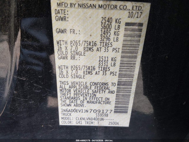 Aukcja sprzedaży 2018 Nissan Frontier Pro-4x, vin: 1N6AD0EV1JN709177, numer aukcji: 44862179