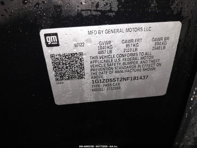 1G1ZD5ST2NF181437 Chevrolet Malibu Fwd Lt