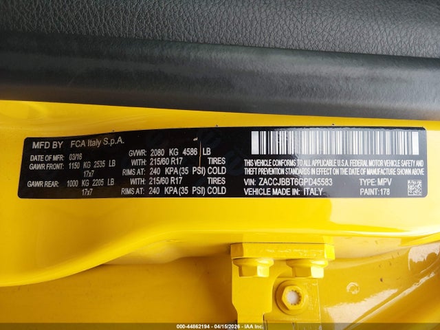 44862194 :رقم المزاد ، ZACCJBBT6GPD45583 vin ، 2016 Jeep Renegade Latitude مزاد بيع