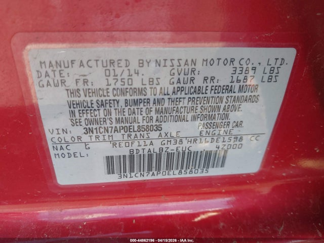 Aukcja sprzedaży 2014 Nissan Versa 1.6 Sv, vin: 3N1CN7AP0EL858035, numer aukcji: 44862196