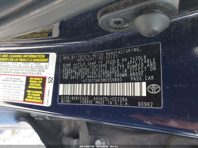 Aukcja sprzedaży 2021 Toyota Camry Se, vin: 4T1G11AK3MU559893, numer aukcji: 44862198