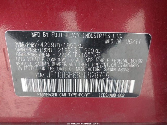 44862209 :رقم المزاد ، JF1GH6B68BH828755 vin ، 2011 Subaru Impreza 2.5i Premium مزاد بيع