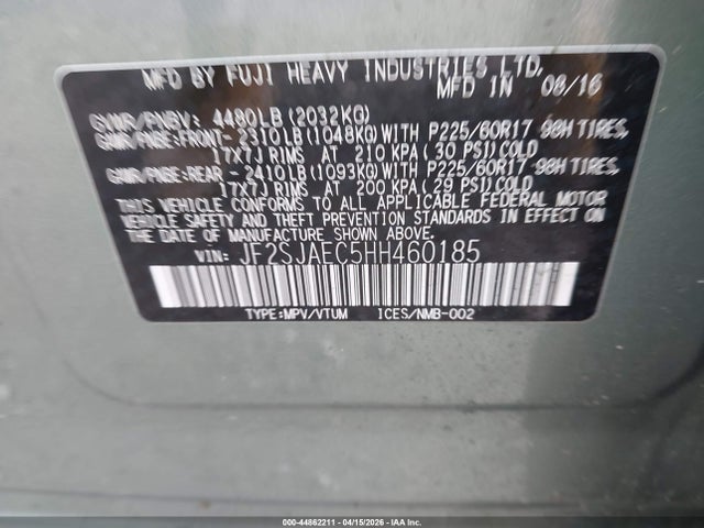 Aukcja sprzedaży 2017 Subaru Forester 2.5i Premium, vin: JF2SJAEC5HH460185, numer aukcji: 44862211