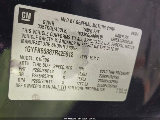 2007 Cadillac Escalade Esv Standard მანქანა იყიდება აუქციონზე, vin: 1GYFK66887R425812, აუქციონის ნომერი: 44862218
