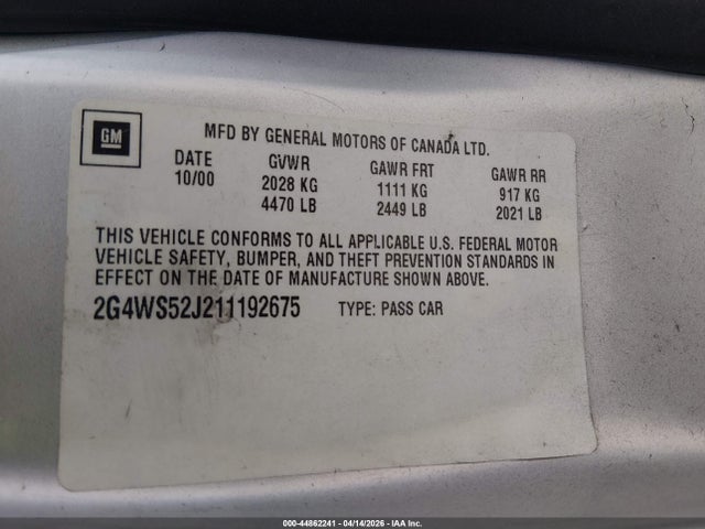 44862241 :رقم المزاد ، 2G4WS52J211192675 vin ، 2001 Buick Century Custom مزاد بيع