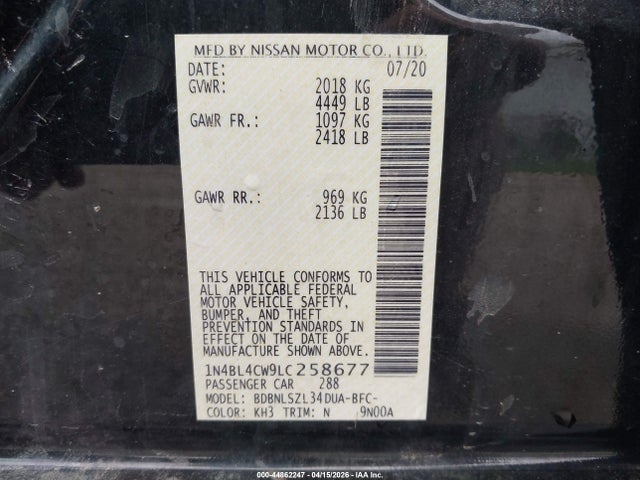 Продажа на аукционе авто 2020 Nissan Altima Sr Intelligent Awd, vin: 1N4BL4CW9LC258677, номер лота: 44862247