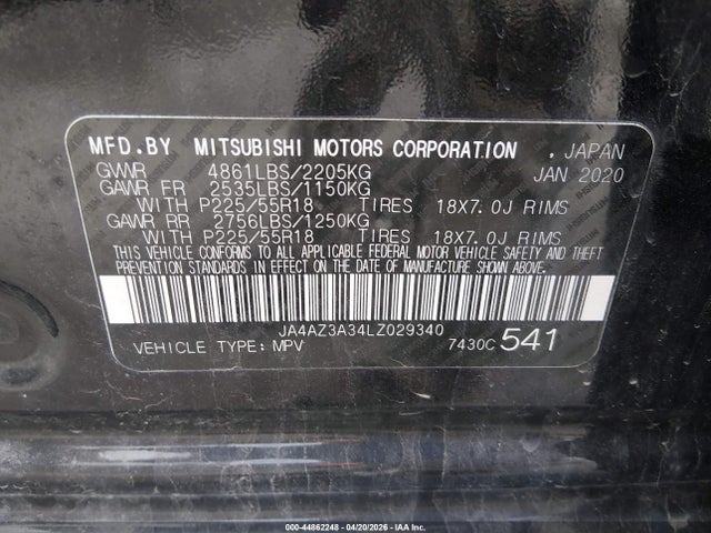 2020 Mitsubishi Outlander Sel 2.4 S-awc მანქანა იყიდება აუქციონზე, vin: JA4AZ3A34LZ029340, აუქციონის ნომერი: 44862248