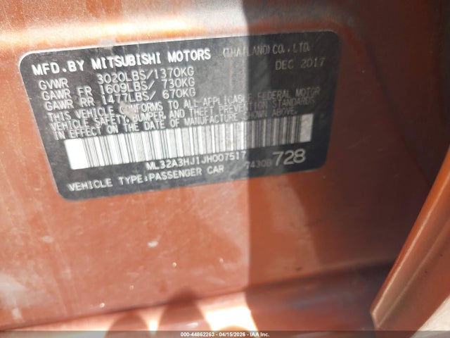 Aukcja sprzedaży 2018 Mitsubishi Mirage Es, vin: ML32A3HJ1JH007517, numer aukcji: 44862263