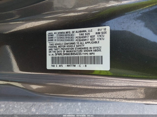 Aukcja sprzedaży 2012 Honda Odyssey Ex-l, vin: 5FNRL5H66CB054235, numer aukcji: 44862264
