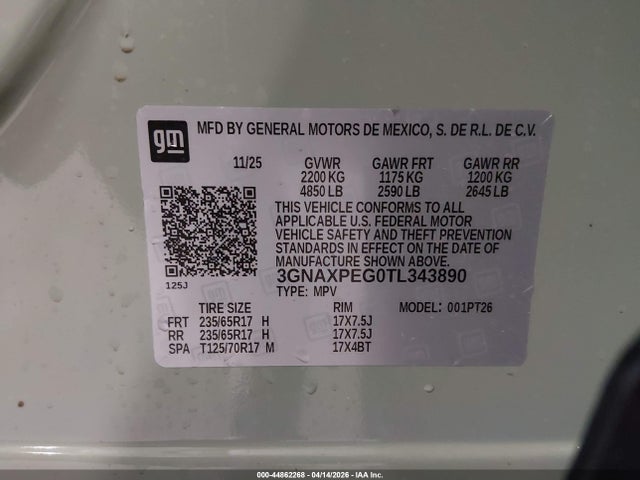44862268 :رقم المزاد ، 3GNAXPEG0TL343890 vin ، 2026 Chevrolet Equinox Awd Lt مزاد بيع