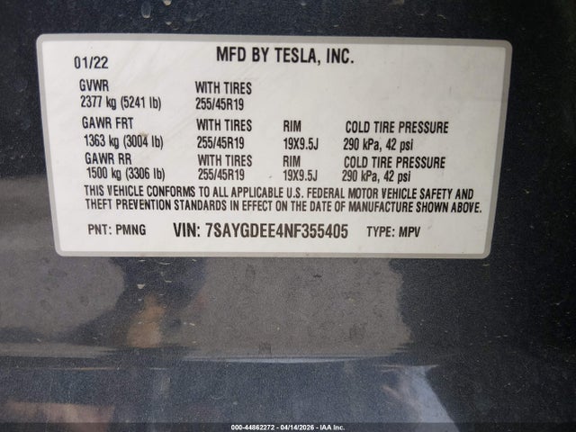 Aukcja sprzedaży 2022 Tesla Model Y Long Range Dual Motor All-wheel Drive, vin: 7SAYGDEE4NF355405, numer aukcji: 44862272