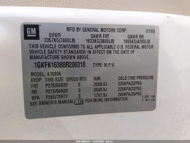 Продаж на аукціоні авто 2008 Gmc Yukon Xl 1500 Slt, vin: 1GKFK16388R206318, номер лоту: 44862271