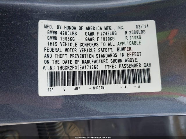 Продаж на аукціоні авто 2014 Honda Accord Lx, vin: 1HGCR2F30EA171768, номер лоту: 44862275
