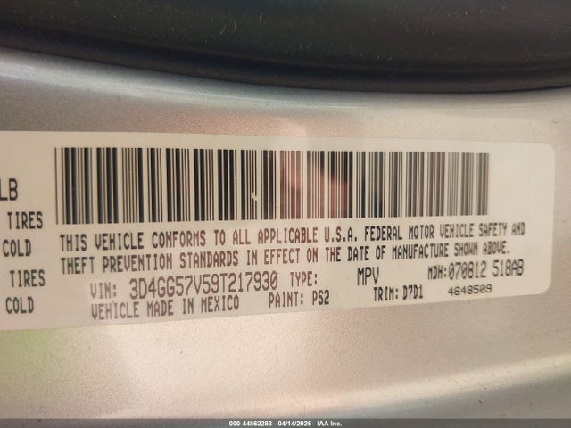 2009 Dodge Journey Sxt მანქანა იყიდება აუქციონზე, vin: 3D4GG57V59T217930, აუქციონის ნომერი: 44862283