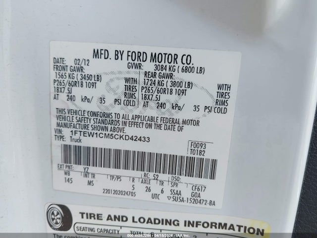 Продажа на аукционе авто 2012 Ford F-150 Xlt, vin: 1FTEW1CM5CKD42433, номер лота: 44862284