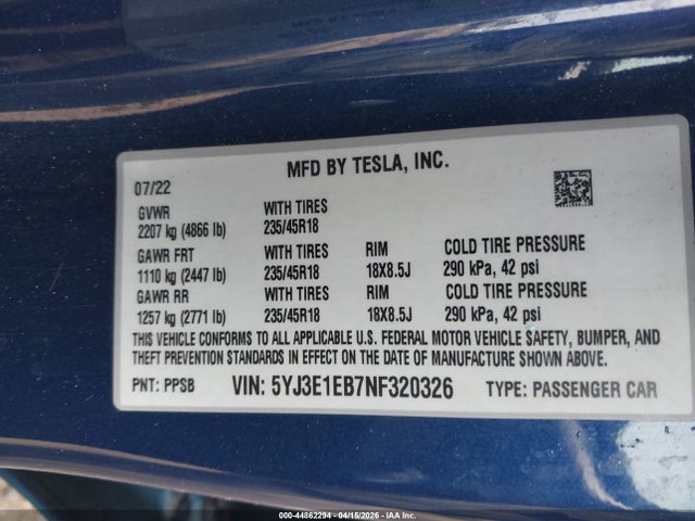Продажа на аукционе авто 2022 Tesla Model 3 Long Range Dual Motor All-wheel Drive, vin: 5YJ3E1EB7NF320326, номер лота: 44862294
