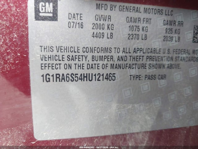 2017 Chevrolet Volt Lt მანქანა იყიდება აუქციონზე, vin: 1G1RA6S54HU121465, აუქციონის ნომერი: 44862302