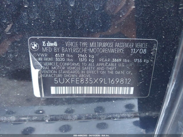 Aukcja sprzedaży 2009 Bmw X5 Xdrive48i, vin: 5UXFE835X9L169812, numer aukcji: 44862303