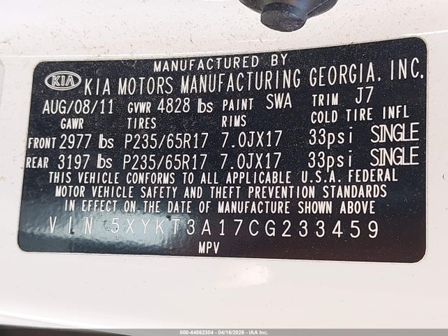 Aukcja sprzedaży 2012 Kia Sorento Lx, vin: 5XYKT3A17CG233459, numer aukcji: 44862304
