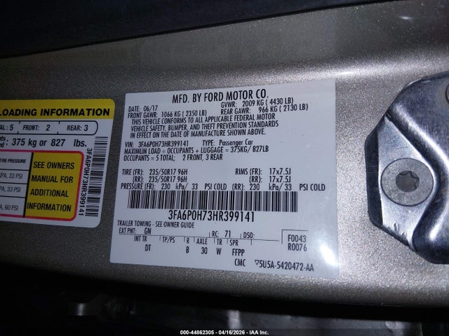 Ford FUSION SE 2017 3FA6P0H73HR399141 Image 9