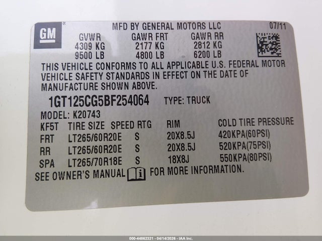 Aukcja sprzedaży 2011 Gmc Sierra 2500hd Denali, vin: 1GT125CG5BF254064, numer aukcji: 44862321