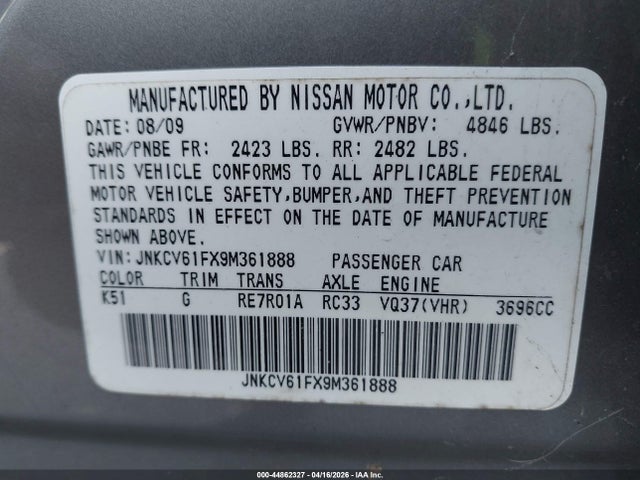 Aukcja sprzedaży 2009 Infiniti G37x, vin: JNKCV61FX9M361888, numer aukcji: 44862327