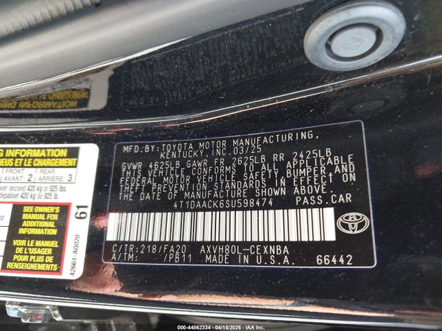 Продажа на аукционе авто 2025 Toyota Camry Le, vin: 4T1DAACK6SU598474, номер лота: 44862334