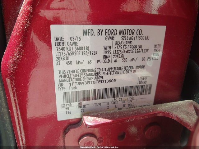 44862345 :رقم المزاد ، 1FT8W3BT0FED13605 vin ، 2015 Ford F-350 مزاد بيع