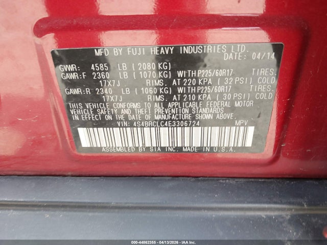 Aukcja sprzedaży 2014 Subaru Outback 2.5i Limited, vin: 4S4BRCLC4E3306724, numer aukcji: 44862355
