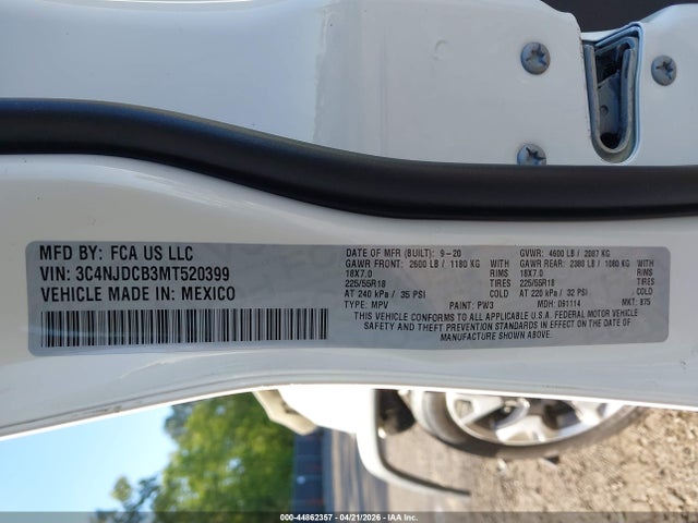 Продаж на аукціоні авто 2021 Jeep Compass Limited 4x4, vin: 3C4NJDCB3MT520399, номер лоту: 44862357