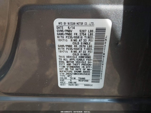2014 Nissan Murano Sv მანქანა იყიდება აუქციონზე, vin: JN8AZ1MW2EW525830, აუქციონის ნომერი: 44862372