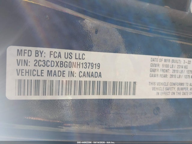 44862396 :رقم المزاد ، 2C3CDXBG0NH137919 vin ، 2022 Dodge Charger Sxt Rwd مزاد بيع