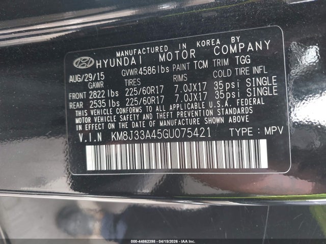 Продаж на аукціоні авто 2016 Hyundai Tucson Limited/sport And Eco/se, vin: KM8J33A45GU075421, номер лоту: 44862398