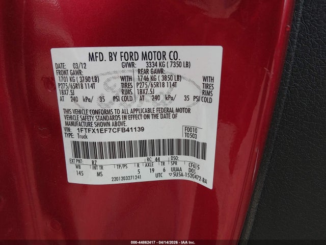 44862417 :رقم المزاد ، 1FTFX1EF7CFB41139 vin ، 2012 Ford F-150 Xlt مزاد بيع