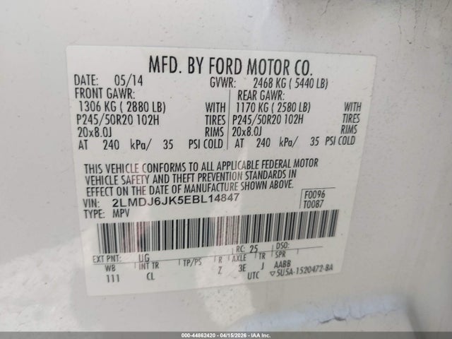 Продажа на аукционе авто 2014 Lincoln Mkx, vin: 2LMDJ6JK5EBL14847, номер лота: 44862420