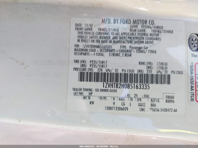 2008 FORD MUSTANG 1ZVHT82H085163335 Photo 8