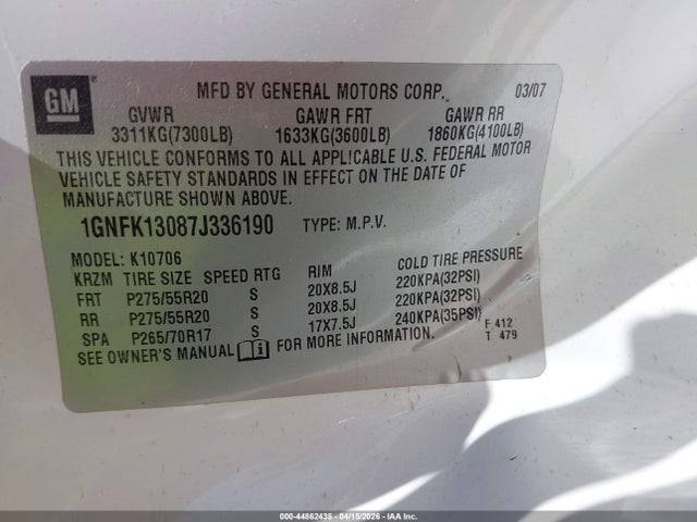 Продаж на аукціоні авто 2007 Chevrolet Tahoe Lt, vin: 1GNFK13087J336190, номер лоту: 44862435