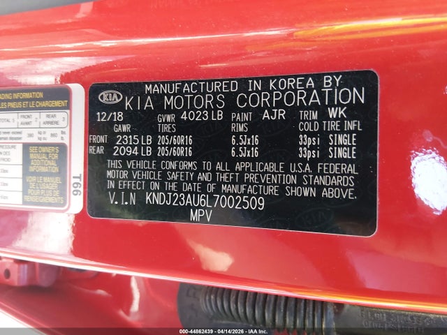 44862439 :رقم المزاد ، KNDJ23AU6L7002509 vin ، 2020 Kia Soul S مزاد بيع