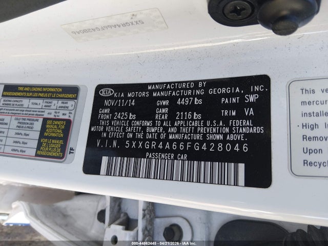 44862445 :رقم المزاد ، 5XXGR4A66FG428046 vin ، 2015 Kia Optima Sxl Turbo مزاد بيع