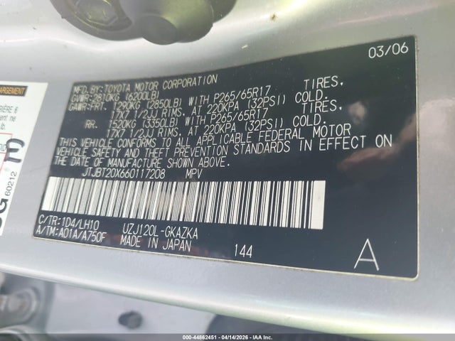 Auction sale of the 2006 Lexus Gx 470, vin: JTJBT20X660117208, lot number: 44862451