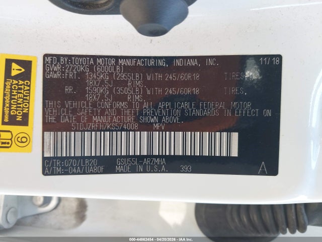 44862454 :رقم المزاد ، 5TDJZRFH7KS574008 vin ، 2019 Toyota Highlander Xle مزاد بيع