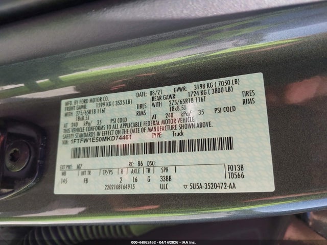 44862462 :رقم المزاد ، 1FTFW1E50MKD74461 vin ، 2021 Ford F-150 Xlt مزاد بيع