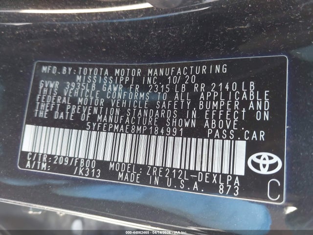 Toyota COROLLA LE 2021 5YFEPMAE8MP184991 Image 9