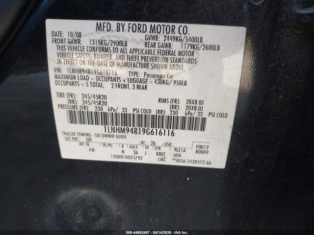 44862467 :رقم المزاد ، 1LNHM94R19G616116 vin ، 2009 Lincoln Mks مزاد بيع
