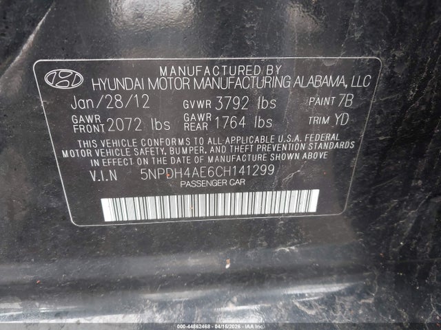 44862468 :رقم المزاد ، 5NPDH4AE6CH141299 vin ، 2012 Hyundai Elantra Limited مزاد بيع