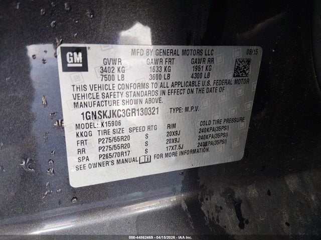 Auction sale of the 2016 Chevrolet Suburban Ltz, vin: 1GNSKJKC3GR130321, lot number: 44862469